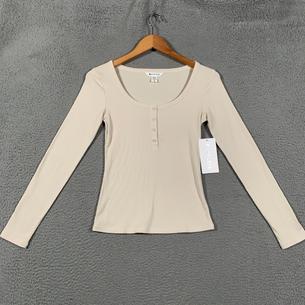 Athleta Signature Rib Henley Top Womens XS Beige Long Sleeve Ribbed Knit Stretch